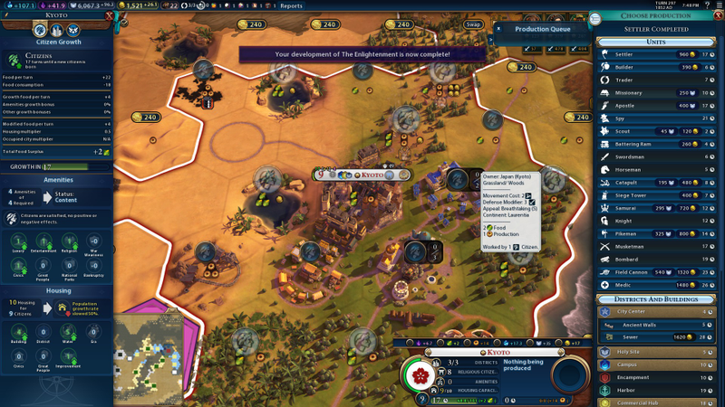 CQUI’s city screen brings the more complex city systems menu up into the main view. You can also purchase with money and/or faith from the one screen as well.